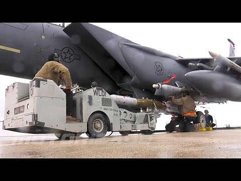 Air Force Weapons Loaders Arm B-1B Lancer Bomber and F-15E Strike Eagle Fighter Aircraft