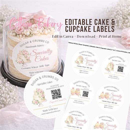 Printable Bakery Circle Sticker Sheet, Editable Canva Birthday Cake and Cupcake Labels 2” and 3”, Cottage Food Packaging, US and UK Letter - Etsy
