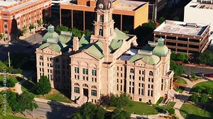 Iconic Tarrant County Court courthouse in Fort Worth from an aerial point of view, showcasing classic architecture and urban landscape