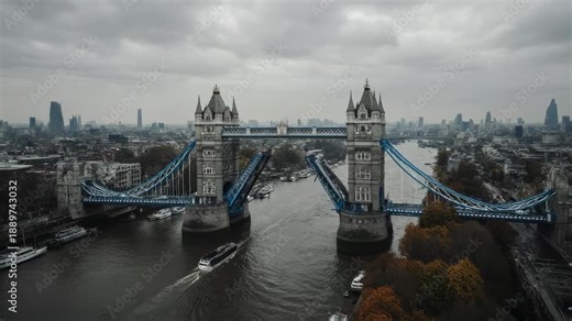 An aerial shot captures a famous bridge with open drawbridges over a river, a city in background