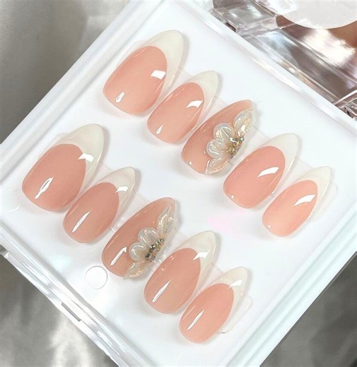 Elegant Bridal French Tip Press on Nails - 3D Clear Floral Fake Nails - Sophisticated Nude Pink Wedding Nails - Etsy