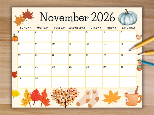 Editable November 2026 Calendar, Printable November Calendar W/ Fall Pumpkins, Monthly Planner, Fall Calendar, Kids School Schedule - Etsy