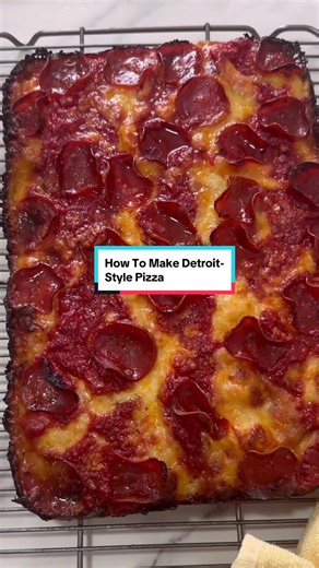 Learn how to make Detroit-style pizza. The Detroit-style pizza is known for its rectangular shape and light-but-thick crust with a crispy top rim from cheese that’s taken all the way to the edge. Pizza Dough for 9x13 in pan: 260 grams of 80-85 degree (farienheit) water. Must be this temperature. 2g of rapid rise instant yeast 335g of bread flour 7g of salt 3 tbsp oil olive oil to coat pan Pizza sauce: 6 oz of crushed tomatoes 3 tablespoons of tomato paste 1 tsp salt 1/2 tsp crushed red peppers a