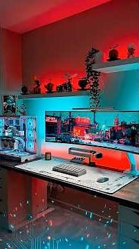 A GAMING SETUP with an ultra-wide screen and an Aquarium PC!