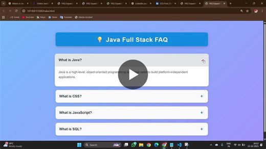I built an interactive FAQ page using HTML, CSS JavaScript. Now clicking on a question magically expands the answer — feels so satisfying 😄 ✨ What I learned: Toggling content with JS ✅ Smooth CSS… | Devendra Gubbala