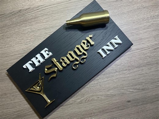 The Stagger Inn Bar Sign – Black Oak Home Bar Decor | 3D Printed Bar Sign With White & Gold Lettering | Modern Man Cave Wall - Handmade - Etsy Canada