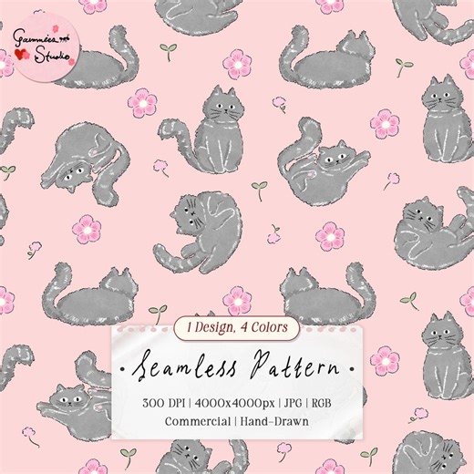Chubby Grey Cat Floral Seamless Pattern | Hand Drawn Cute Kitty Digital Paper | Nursery, Fabric, Gift Wrap, Commercial Use - Etsy
