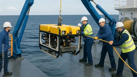 Crew members deploy a yellow underwater ROV from a ship. They carefully guide the equipment into the vast blue ocean.