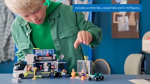 1K views |  The LEGO City Police Mobile Crime Lab Truck toy playset is bursting with fun features for budding police officers! This truck is loaded with forensic equipment for tracking crooks, including CCTV screens,a microscope and a trusty magnifying glass. Awesome adventures await with the LEGO® City crime squad! #YourCityNoLimits Shop now in-store & online <https://bit.ly/48PH4L5> | Toys"R"Us Singapore | Facebook