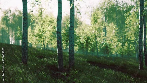 A grouping of birch trees standing tall in a lush grassy area, creating a natural landscape.
