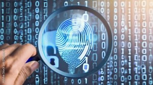 A magnifying glass highlighting a digital fingerprint against a background of binary code. The image emphasizes themes of cybersecurity, digital identity, and technology.