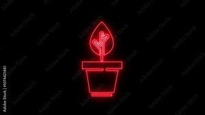 plant symbol. Glowing neon line Plant in pot icon isolated on black background. Plant growing in a pot. Potted plant sign.