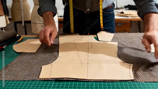 Craftsperson measuring physical fabric patterns by hand applying manual grading techniques to customize apparel sizes for varied body forms.