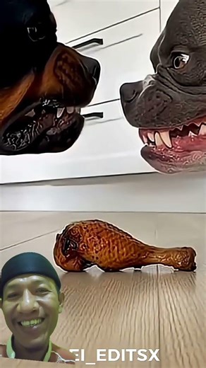 The moment two dogs fight over food but it's not their turn yet