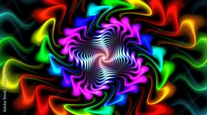 Multicolor waves radiating from revolving cross in centre with curve lines, changing shapes, spreading on black. Abstract background with flickering semitransparent constructions. 4K UHD 4096x2304