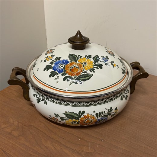 Vintage ASTA Floral Enamel Cookware Dutch Oven Pot With Lid Brass Handles MCM - Etsy