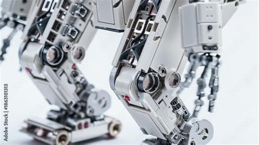 Two robotic legs with a silver body are attached to a robot. Close-up robotic education kit tiny humanoid leg module, joint articulation detail, mechanical learning, robotic education kit