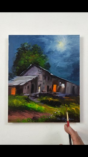55K views · 2.8K reactions | Beautiful "Cottage In Moonlight" landscape painting /Acrylic on paper ️ #easy #beautiful #landscape #painting #acrylicpainting #acrylic #art #paper #moonlight #cottage #trees #greenery #Winter #lights #peaceful #chill | Hamlet Shougrakpam Art | Facebook