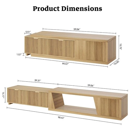 Extendable TV Console Large 64.57-98.43 Inch, Modern Oak TV Stand with 2 Drawers & Open Shelf