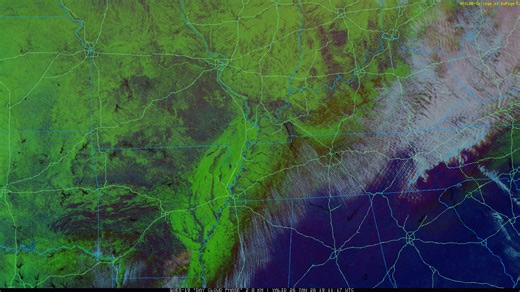 GOES East Day Cloud Phase Distinction RGB Channel reveals a large swath of snow/sleet (green color) from the Lower Great Plains into a good portion of the Mid-South this afternoon. Note the sharp cutoff between snow (green) and land surface (blue) over west Tennessee and north Mississippi. | US National Weather Service Memphis Tennessee