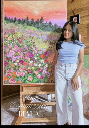 My very first large scale commission is finally complete.💖 A last minute decision to add texture to the skies turned out to be the best choice, and I couldn’t be happier with the result.☁️ My beautiful client loves it, and that means the world to me. It’s such a privilege to paint her magical garden.✨ I’ve been following her for a long time and watched her beautiful garden evolve and the fact that she found me through social media, connected with my work, and trusted me to paint her garden stil