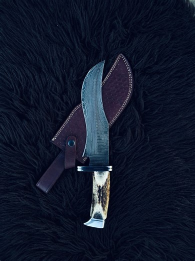Custom Made Hand Forged Damascus Hunting Skinning Knife-stag Antler Handle With Leather Sheath - Etsy