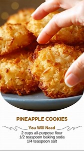 Pineapple Cookies Ingredients: - 2 cups all-purpose flour - 1/2 teaspoon baking soda - 1/4 teaspoon salt - 1/2 cup unsalted butter, softened - 1 cup granulated sugar - 1 large egg - 1 teaspoon vanilla extract - 1 cup crushed pineapple, drained - 1/2 cup shredded coconut Directions: 1. Preheat your oven to 350°F (175°C) and line a baking sheet with parchment paper. 2. In a medium bowl, whisk together the flour, baking soda, and salt; set aside. 3. In a large bowl, cream the softened butter and su
