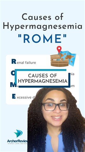 Hypermagnesemia (⬆️ magnesium) can be caused by: 👉 R - Renal failure 👉 O - Over-correction of hypomagnesemia 👉 M - Magnesium-containing medications 👉 E - Excessive dietary intake from high magnesium foods Want more help with electrolyte imbalances? We have dedicated on-demand content covering everything you need to know about fluids & electrolytes for the NCLEX®, included with our Sure PASS program! 🔗 https://archerreview.link/meta-sure-pass #nclex #nclexprep #futurenurse #nursingschool #nu