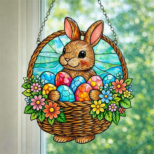 Easter Flowers Bunny Basket Acrylic Suncatcher Window Hanging, Colorful Floral Egg Rabbit Spring Decor, Cute Animal Sun Catch Ornament - Etsy
