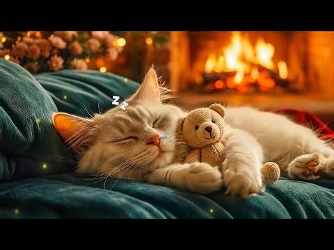 12 Hours of Relaxing Cat Music 😻 Cat Anxiety Piano for Deep Calm 🔥 Warm Fire for Healing Peace 🌷