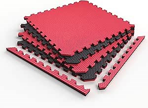 Norsk Reversible Gym Exercise Mats 3/4" Thick EVA Interlocking Foam Tiles, Perfect Gym Flooring for Home Gym, 4 Tiles & 8 Trim Pieces, 16 Sq. Ft. 24"x24", Red/Black