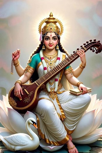 “A divine, exquisitely detailed illustration of Goddess Saraswati seated gracefully on a large white lotus. She has a serene and compassionate expression, adorned with intricate gold jewelry, a radiant crown, and a white silk saree with golden borders. She holds a veena with beautifully carved details, sacred scriptures in her hand, and a rosary. A pure white swan sits beside the lotus, symbolizing purity and wisdom. Soft divine glow around the goddess, vibrant colors, intricate ornamentation, h