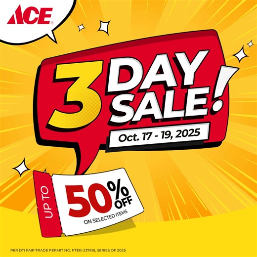 🎉 Mark your calendars! The ACE 3-Day Sale is happening October 17–19, 2025 — three days of unbeatable deals on tools, outdoor gear, and home essentials. 👉 Don’t miss out — shop in-store and score big savings before they’re gone. See you at ACE HARDWARE SM CITY BATANGAS🛠️ Ace Hardware ACE Hardware Philippines #SM3DaySale #EverythingsHereAtSM | SM City Batangas