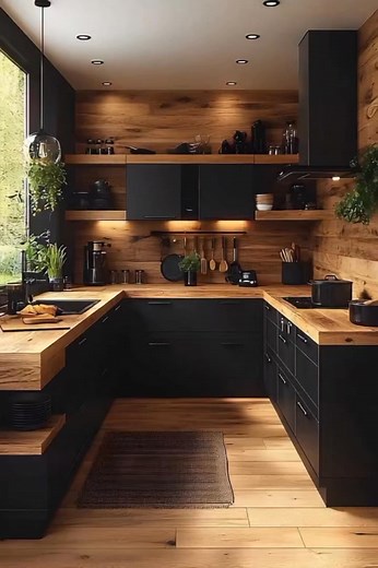 A modern black kitchen with sleek lines and cutting-edge appliances exudes sophistication🖤🌿 #ModernBlackKitchen | Home decorations