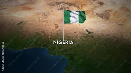 The Flag of Nigeria on the World Map, the Nigeria flag waving on the 3d map animation 4K