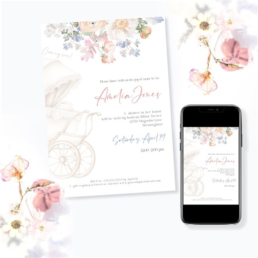 Wildflower & Carriage Baby Shower Invitation: Editable Template (digital Download) - Etsy