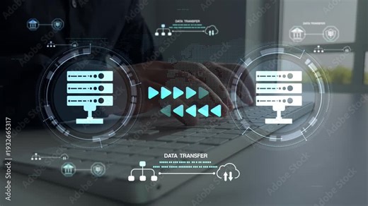 Secure server data transfer with cloud storage, encrypted network connection and fast digital file exchange system.