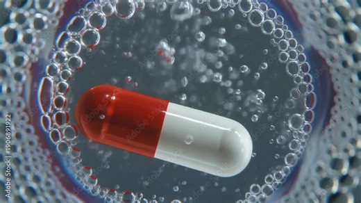 A Red and White Capsule Dissolving in a Fizzy Liquid from a Top-Down Viewpoint