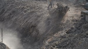 Loader backhoe, excavator digging a trench. Clip. Work of excavating machine on building construction site. Excavator digs a hole