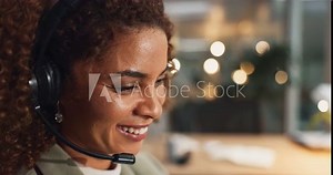 Phone call, customer support and woman with headset, smile or help desk agent in crm office. Discussion, contact and consultant in telemarketing callcenter for advice, sales pitch or conversation