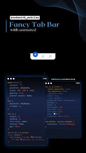 Fancy Tab Bar...!🧠 Buy my E-Book📚 - https://codewithmuhilan.com/ebook | Free Source Code❤️ - https://codewithmuhilan.com/shop/1740969143516 | Lightswind UI(60 free component): https://lightswind.com/ -------------------------------------------- Follow us on Telegram and GitHub for more amazing projects! Telegram - https://t.me/codewith_muhilan Github - https://github.com/codewithMUHILAN/ ☕ Support Us: Buy Me a Coffee -https://buymeacoffee.com/codewithmuhilan Stay updated with our latest projec