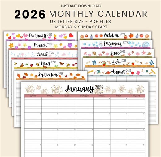 2026 Printable Lined Calendar Simple 12 Months Planner Template 2026 Monthly Calendar Digital Download Sunday Monday Start Minimal Calendar - Etsy