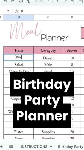 Birthday Party Planner Template Google Sheets and Excel - Event Planning Tips, Budget, Meal, To Dos
