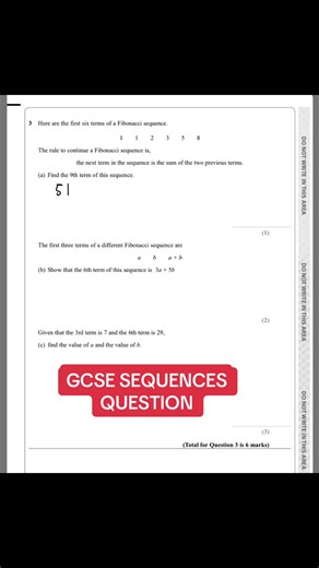 GCSE Sequences question on the fibonacci sequence. Follow for more maths videos#mathstudent #gcsemaths #revision #foundation #mathstudent