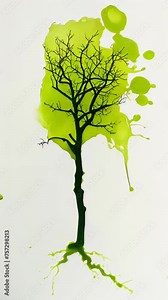 A tree silhouette detailed down to the branches, using green watercolor paint in a design that flows from the roots to the branches.