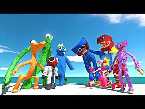 Rainbow Friends Green + Blue + Orange + Red vs Huggy Wuggy + Kissy Missy + Boxy Boo +Mommy Long Legs
