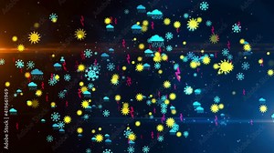 Weather symbols and icons flying icons loopable seamless 3d animation. Abstract concept digital background with storm, lighting, snow, rain cloud and sun signs.