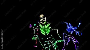 4 people dancing in costumes of LEDs