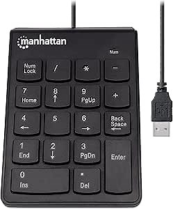 MANHATTAN Wired USB Numeric Keypad – 18 Full Size Keys & Ultra Slim Lightweight Ergonomic Number Pad Design - for Laptop, Desktop, Computer, PC – 3 Yr Mfg Warranty - Black, 179911