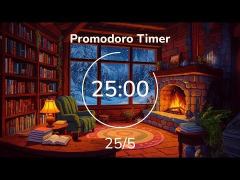25/5 Pomodoro Timer | NO ADS ⛔| Crackling Fire & Snow | Studying Deep Focus | Pixel Art Cozy Cabin